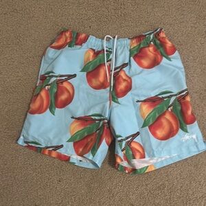 Stussy Blue and Orange Athletic Shorts with Fruit Print